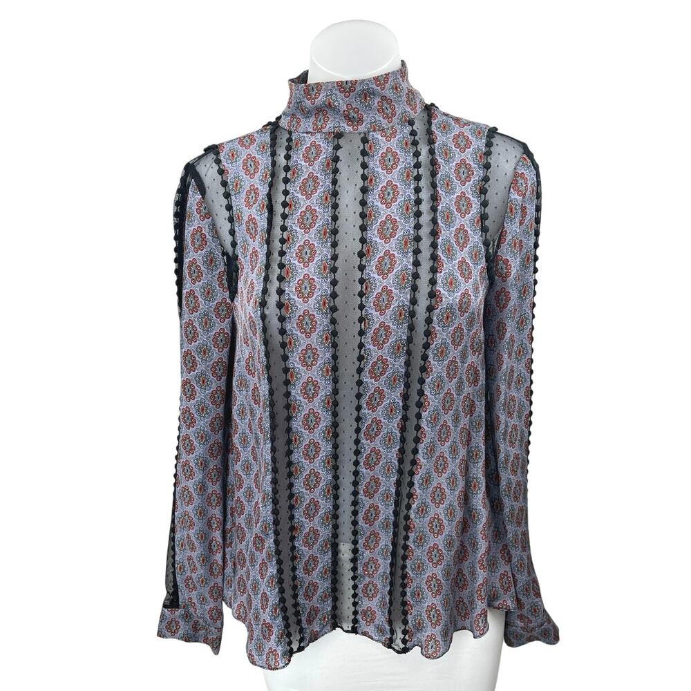 Cinq A Sept Multicolor 100% Silk Satin Floral Mesh Long Sleeve Blouse Top Size S